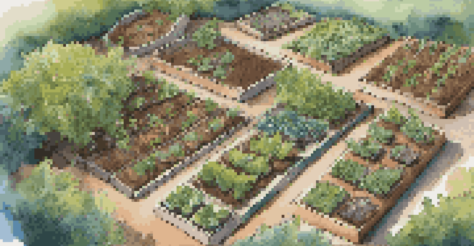 An overhead view of a well-maintained community garden plot with rows of plants, a compost pile, and gardening tools under a clear blue sky.