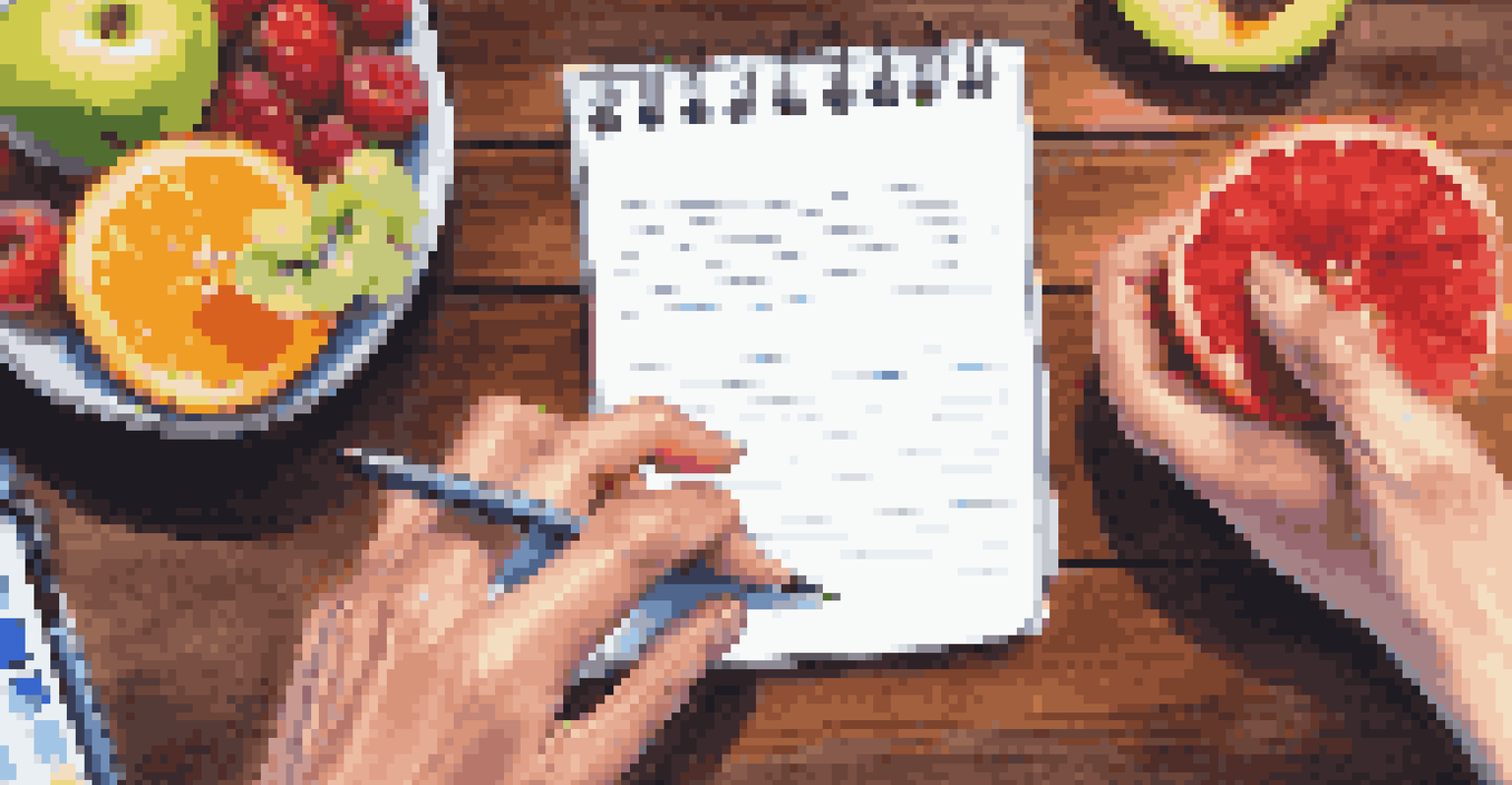 Close-up of a wellness coach writing health goals on a notepad, surrounded by fruits and a glass of water.
