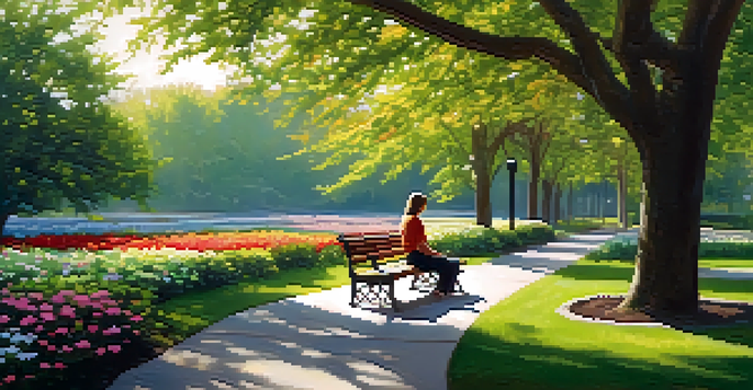 A person writing in a journal on a park bench, surrounded by trees and flowers, with sunlight filtering through the leaves.