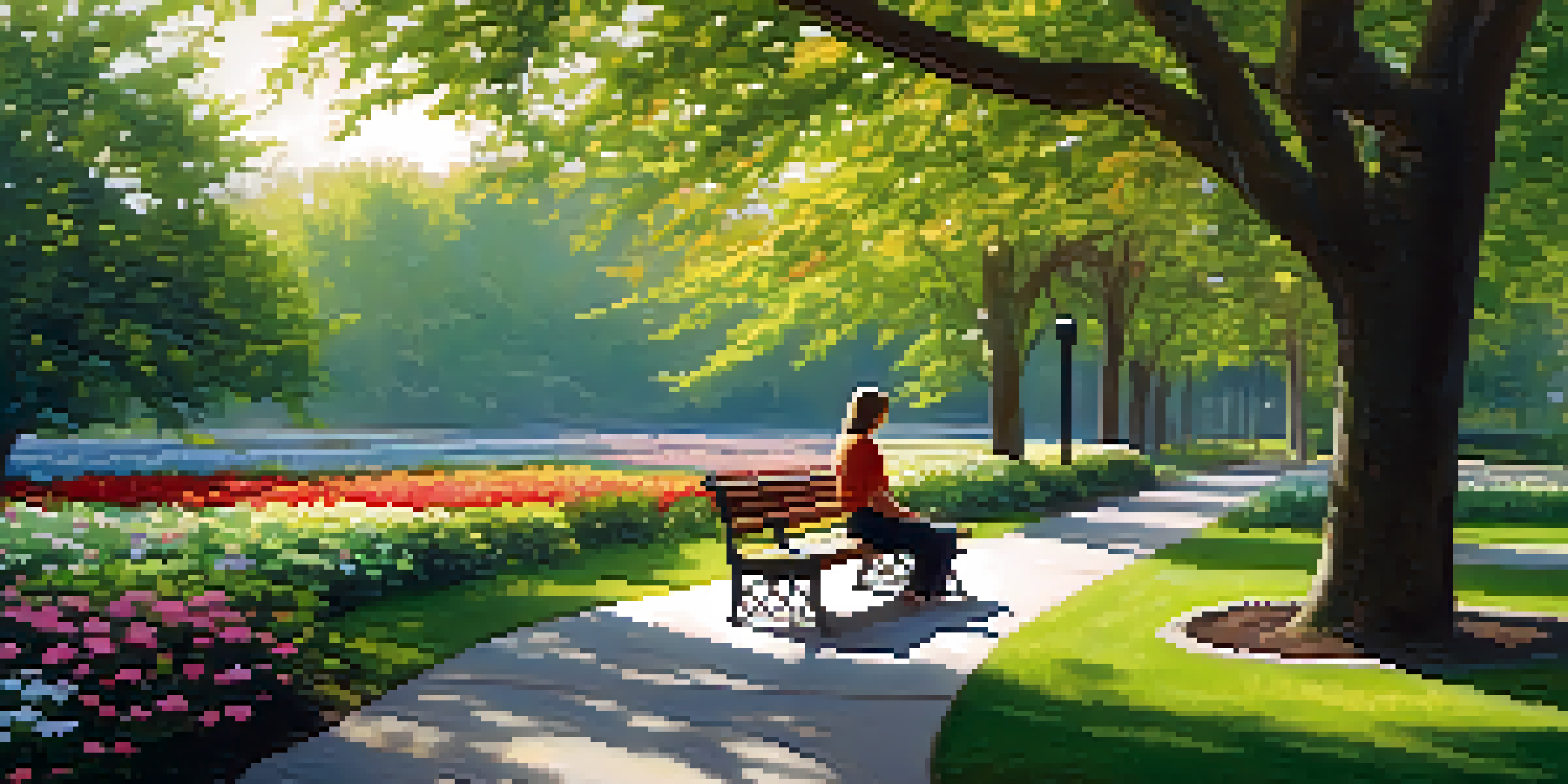 A person writing in a journal on a park bench, surrounded by trees and flowers, with sunlight filtering through the leaves.