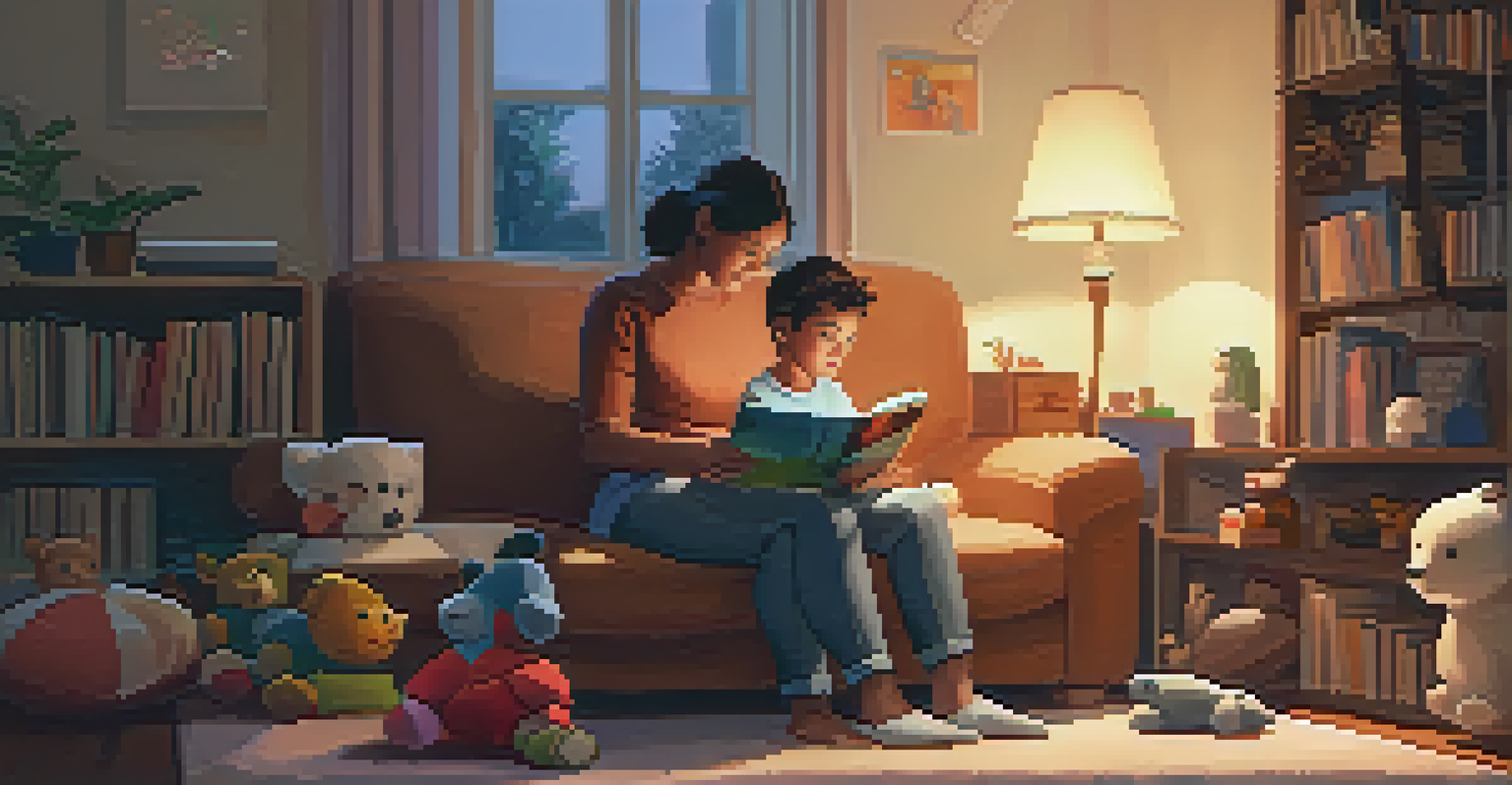 A parent reading a story to a child in a cozy living room, with warm colors and soft lighting creating a nurturing atmosphere.
