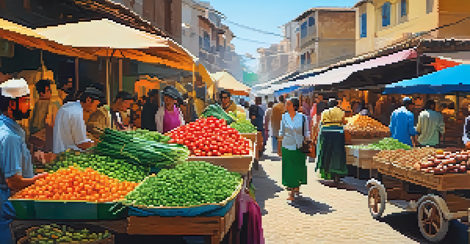 A lively market scene with travelers interacting with vendors, colorful stalls filled with produce and spices, and a vibrant atmosphere.