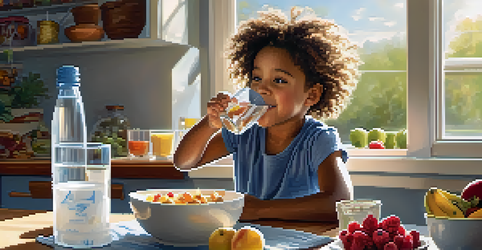 A child enjoying a glass of water surrounded by healthy snacks on a kitchen table.