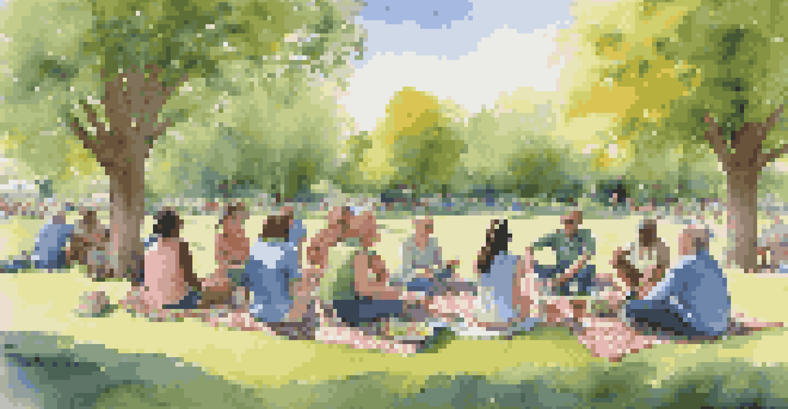A group of individuals sitting in a circle on picnic blankets in a park, sharing stories and laughter, surrounded by nature.