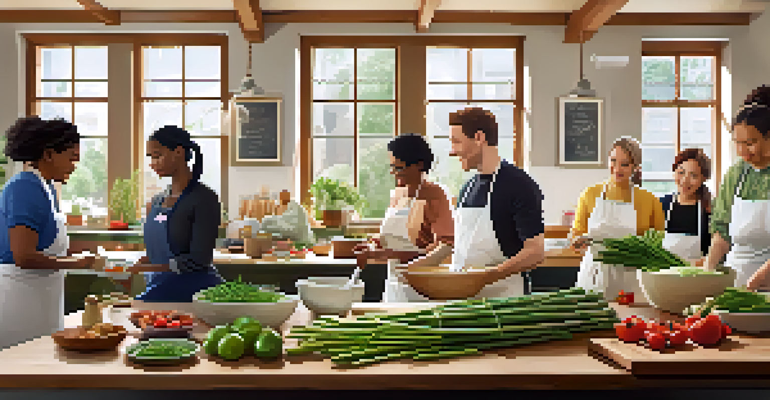 Participants in a bright kitchen preparing fresh vegetables together during a cooking class, with sunlight coming through the windows.