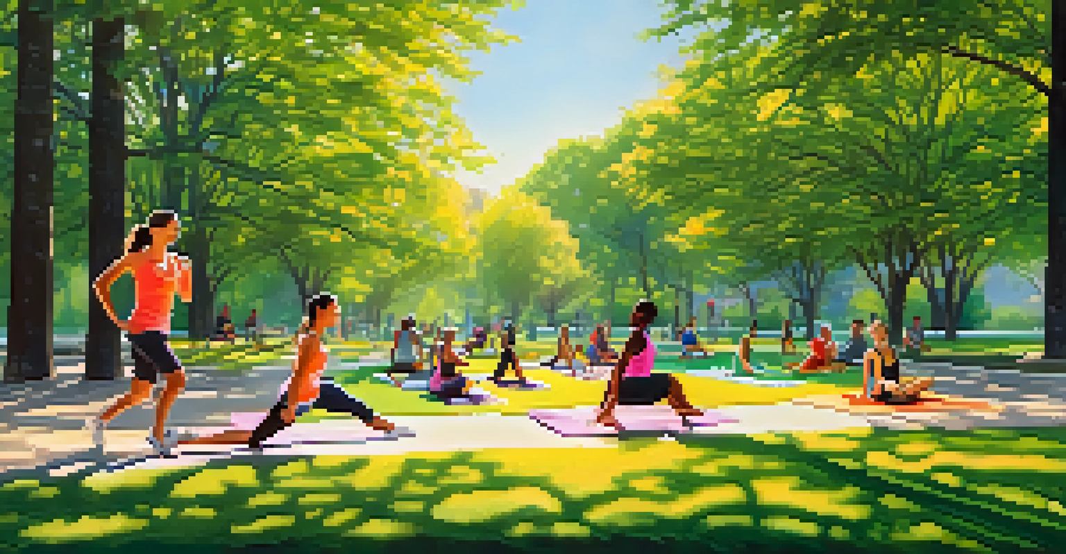 A park scene with people practicing yoga, jogging, and cycling under the sun.