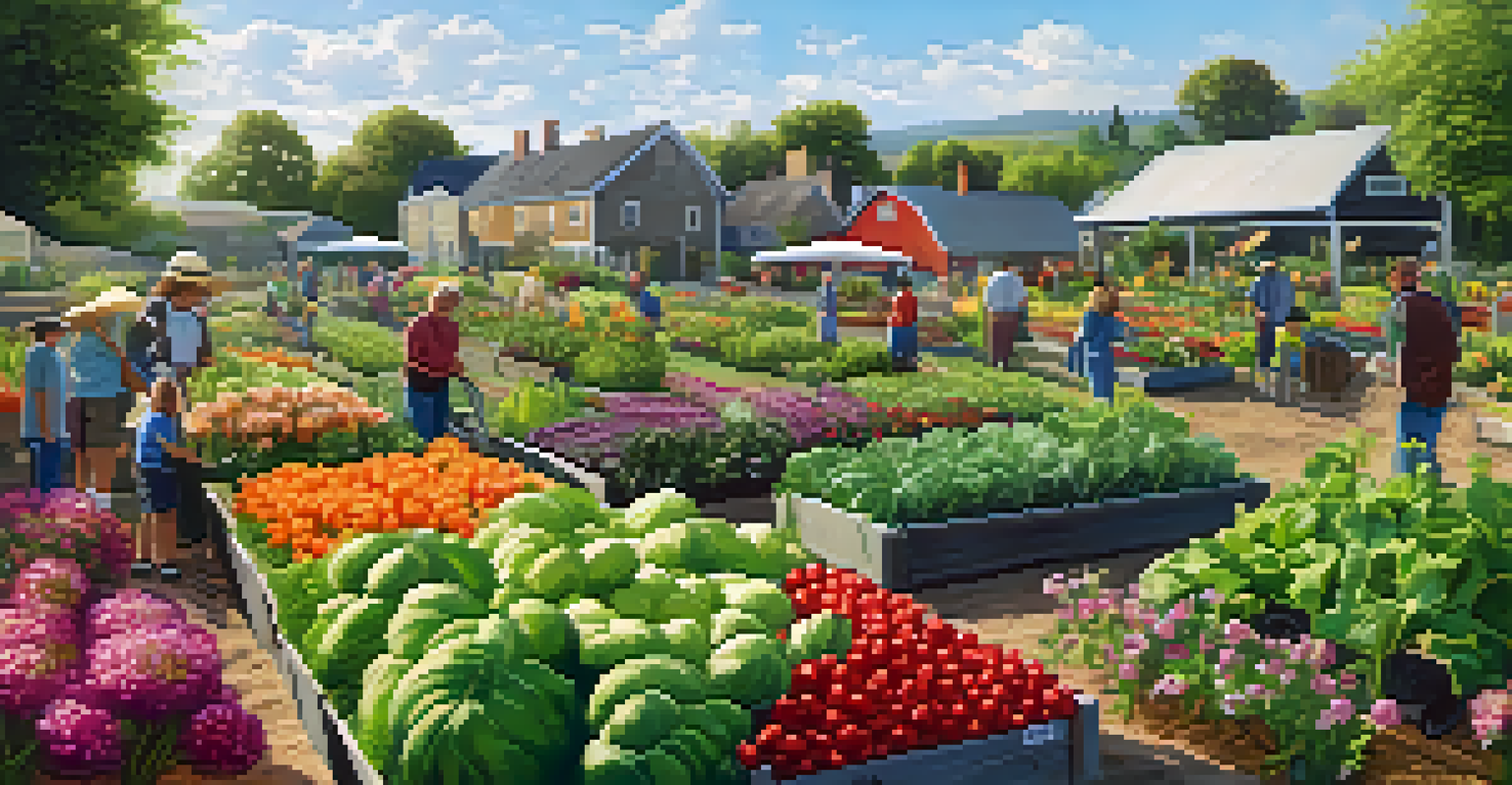 A community garden with residents tending to vegetables and flowers, showcasing a vibrant and healthy environment in a rural setting.