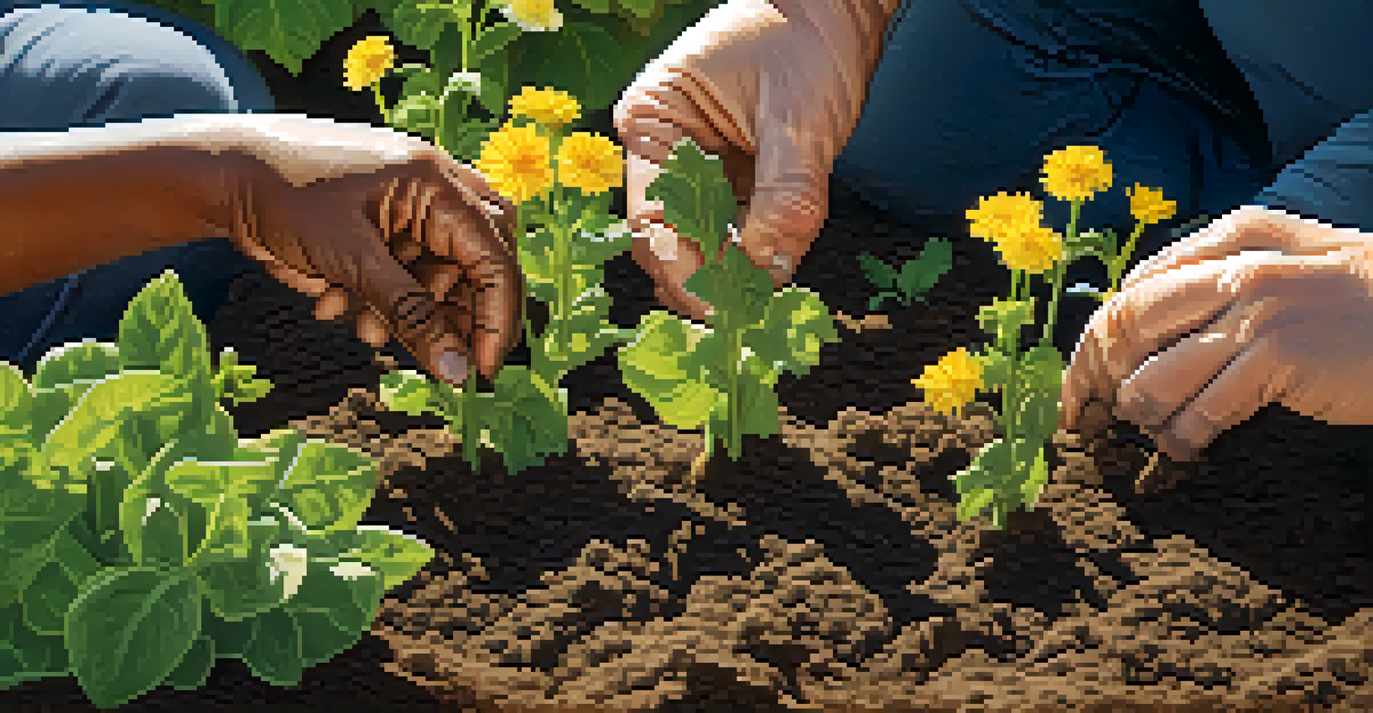 A close-up of diverse hands planting seedlings in a community garden, highlighting collaboration and connection among different generations.