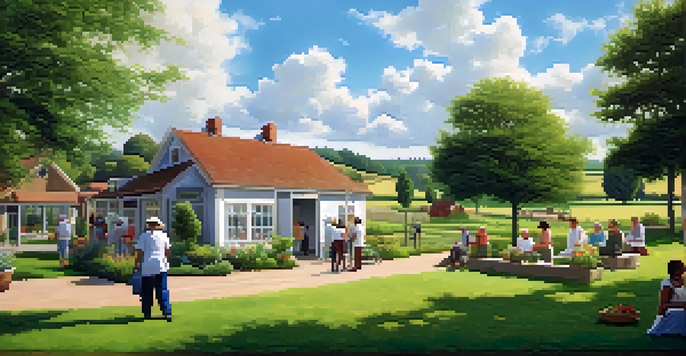 A peaceful rural scene with a healthcare clinic, diverse individuals walking and gardening, under a bright sky.
