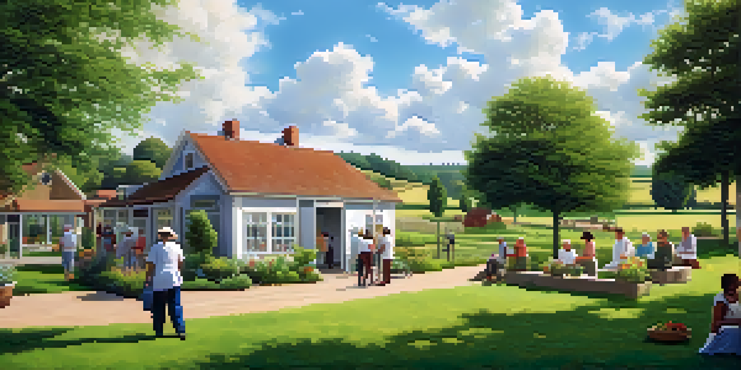 A peaceful rural scene with a healthcare clinic, diverse individuals walking and gardening, under a bright sky.