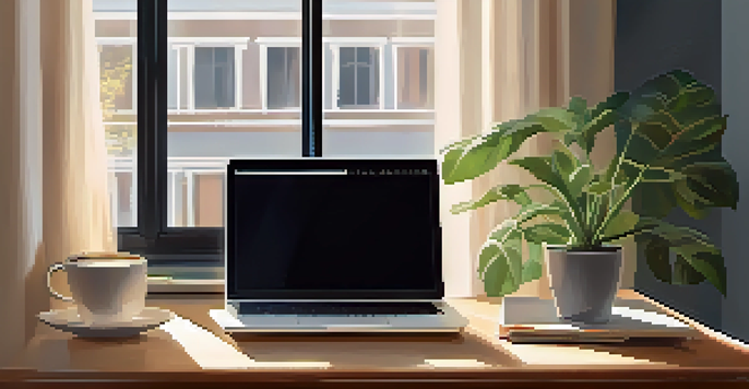 A wooden desk with a laptop, coffee cup, and plant, illuminated by soft morning light through a window.