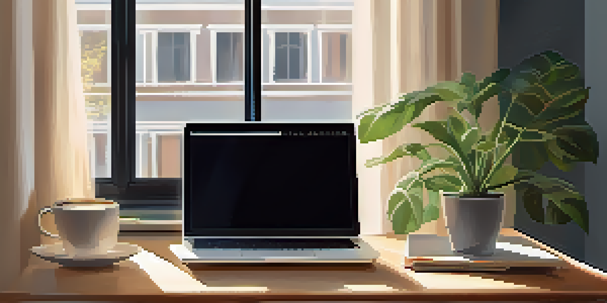 A wooden desk with a laptop, coffee cup, and plant, illuminated by soft morning light through a window.