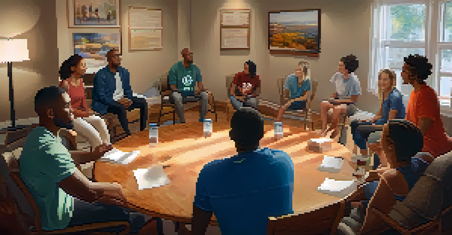 A support group of athletes sitting in a circle, sharing their recovery stories in a cozy and warmly lit room filled with motivational posters.