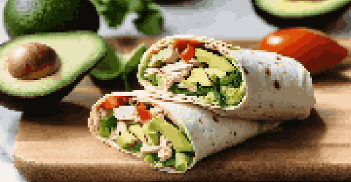 A chicken avocado wrap cut in half on a wooden cutting board, showcasing shredded chicken and avocado, with lime and fresh cilantro around it.