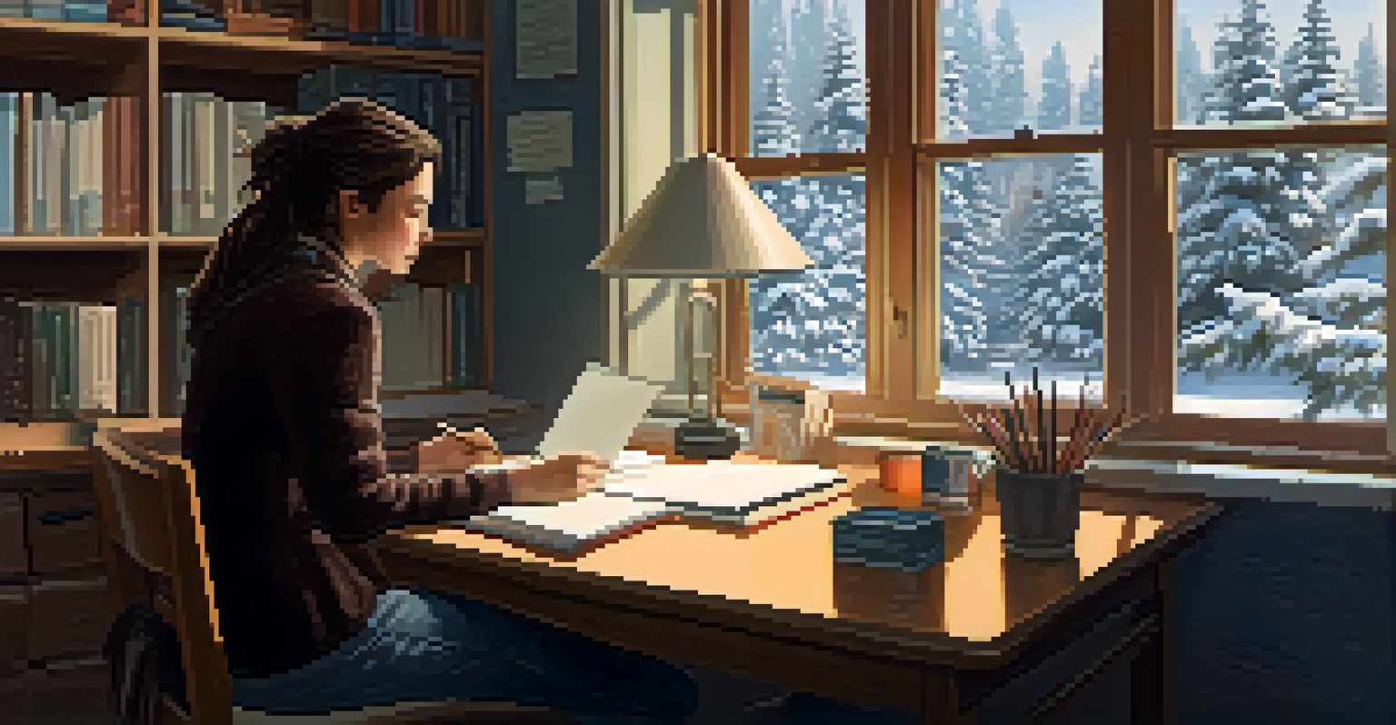 A teacher helping a student in a well-lit classroom during winter, with a snowy scene visible through the window.