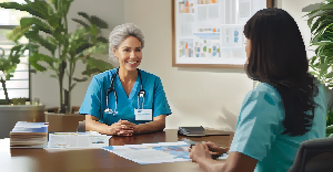 A healthcare provider listening attentively to a patient in a warmly lit office, depicting a compassionate interaction.