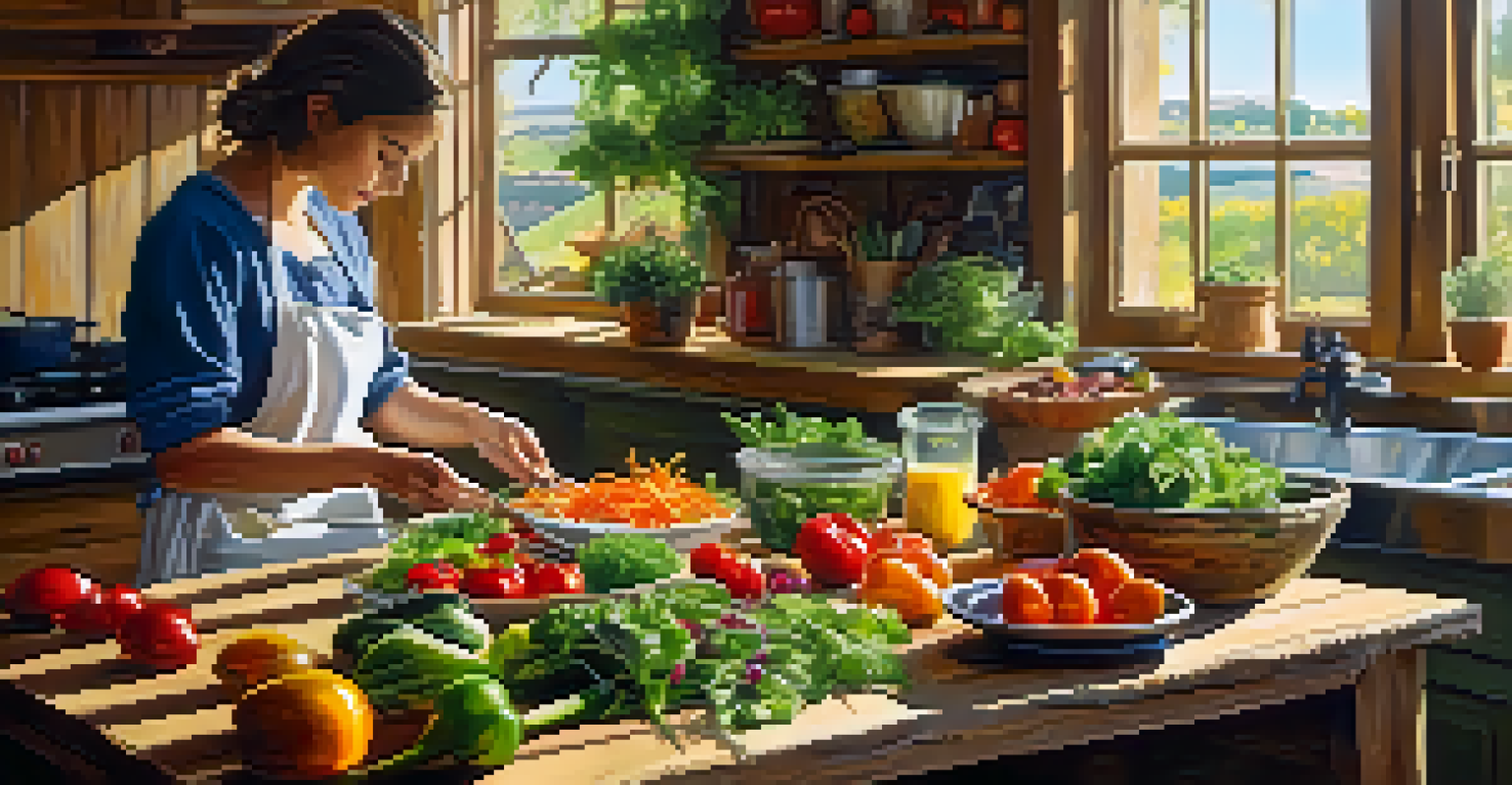 A person making a colorful salad in a bright kitchen filled with fresh vegetables and sunlight.