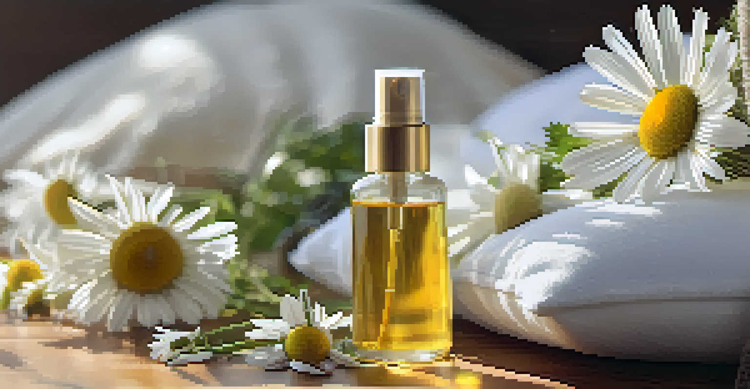 A stylish spray bottle with chamomile essential oil surrounded by chamomile flowers on a wooden table.