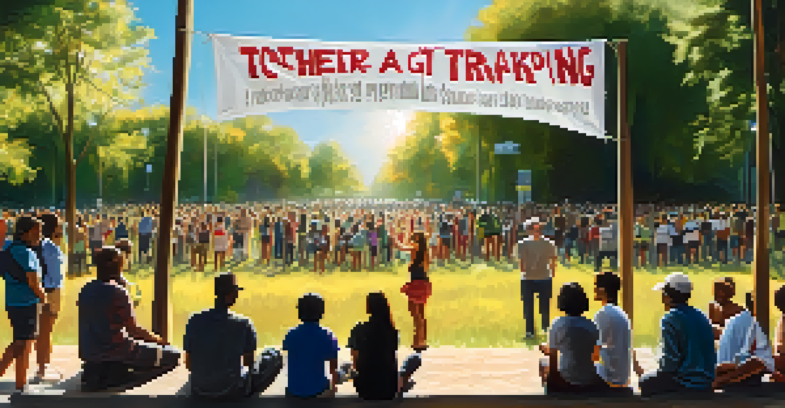 A community awareness event with a banner against human trafficking, featuring people discussing and sharing information under bright sunlight.