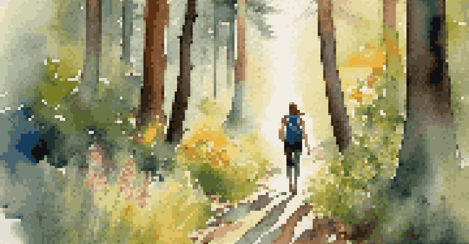 A woman hiking on a forest trail, surrounded by trees and wildflowers, enjoying a peaceful moment in nature.