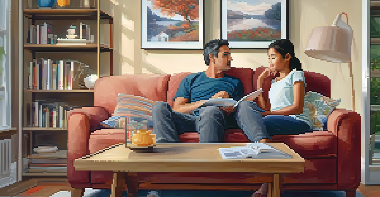 A parent and child sitting on a couch, having a heartfelt conversation about feelings in a warmly decorated living room.