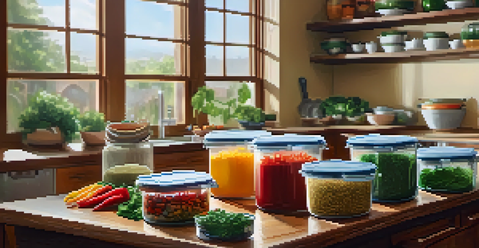 A bright and organized kitchen with various meal prep ingredients laid out on a wooden countertop.