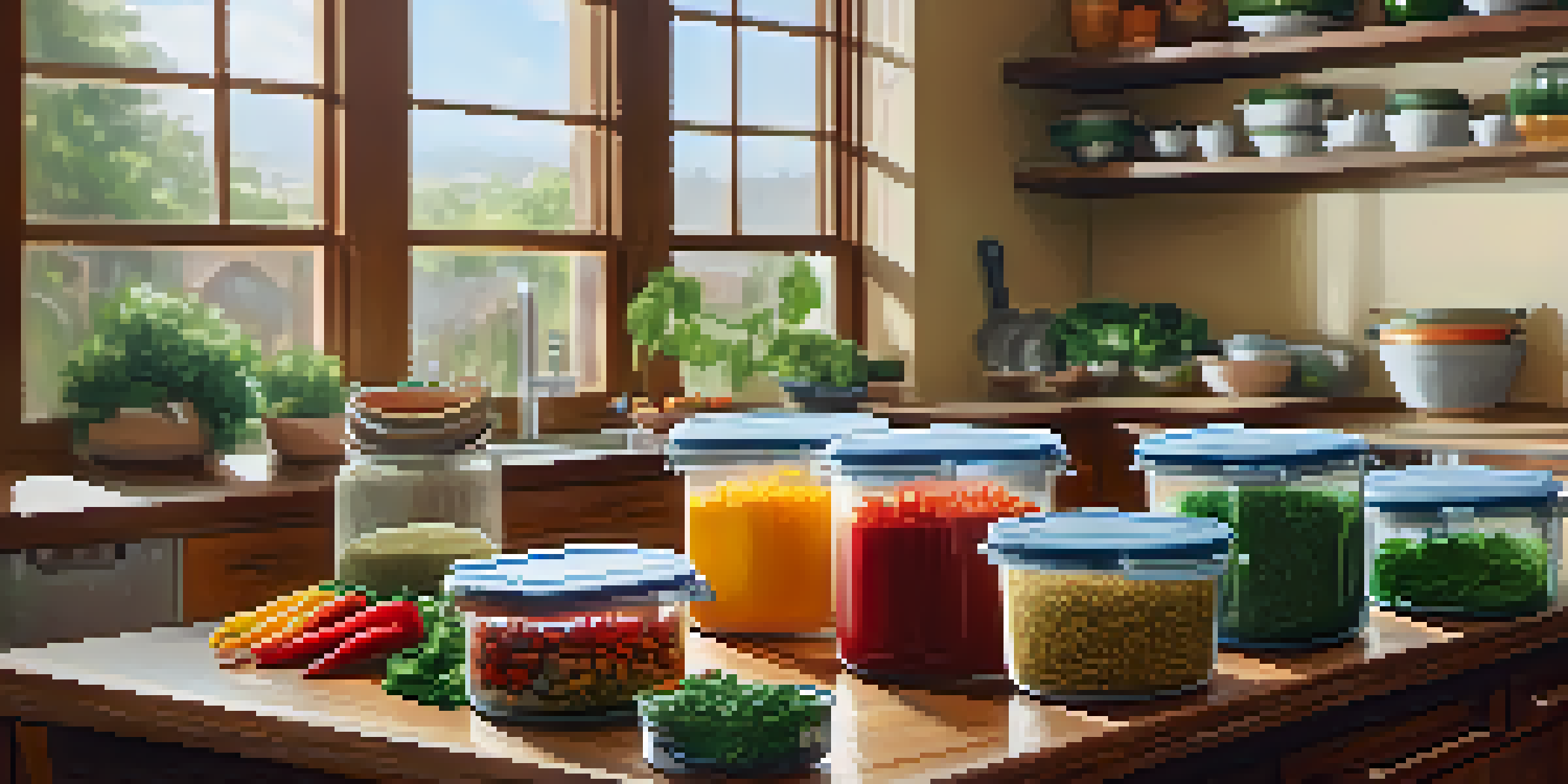 A bright and organized kitchen with various meal prep ingredients laid out on a wooden countertop.