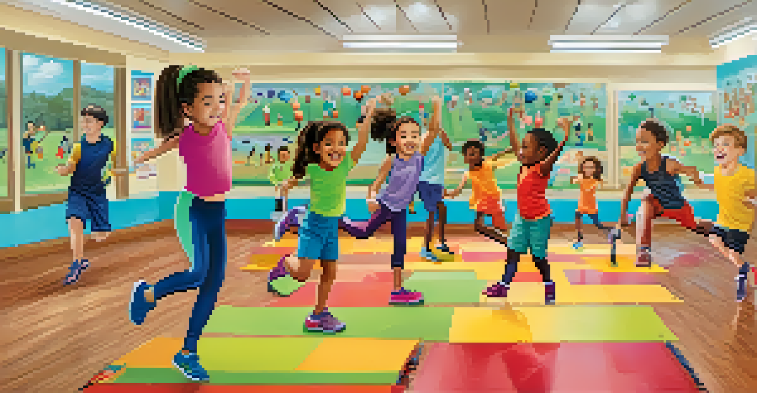 A lively indoor gym with children happily participating in a fitness class, guided by a cheerful instructor among colorful exercise equipment.