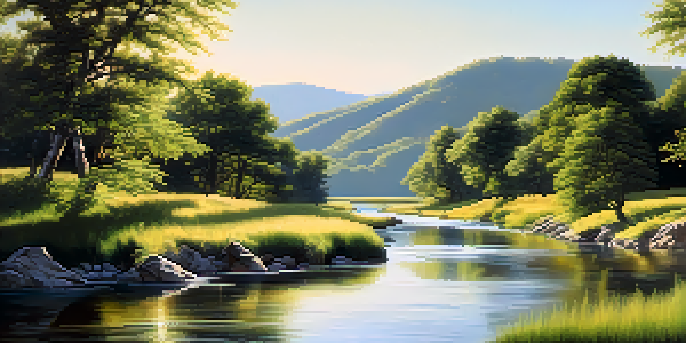 A peaceful river scene with various streams, greenery, and hills under a sunny sky.