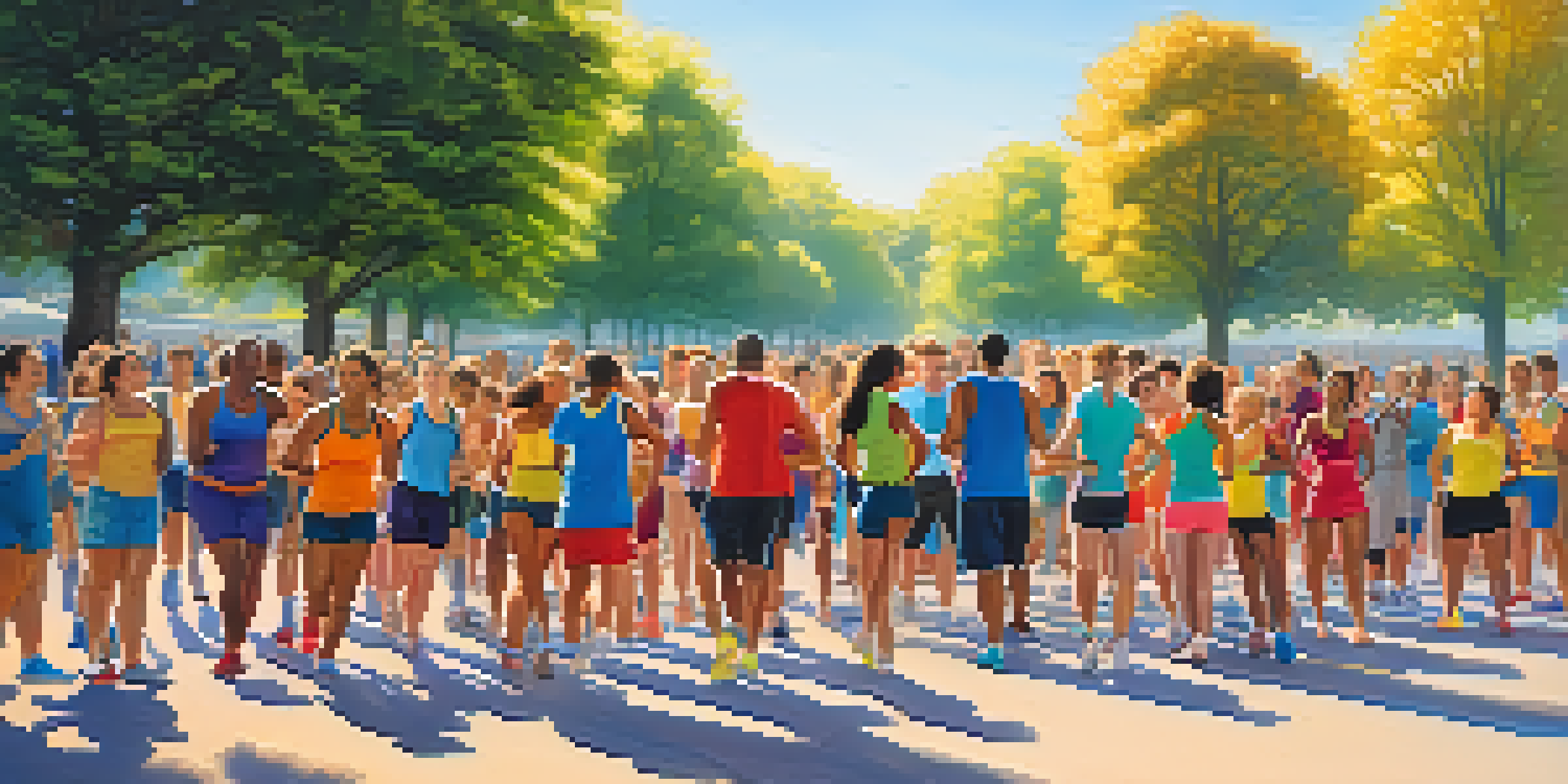 A group of diverse people participating in a friendly fitness competition outside, with bright sunlight and trees in the background.