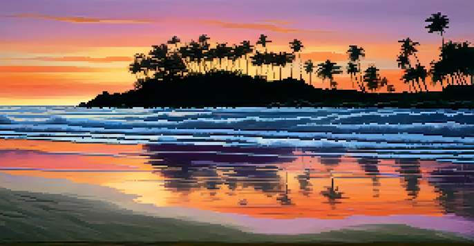 A tranquil beach during sunset, featuring colorful skies and palm trees.