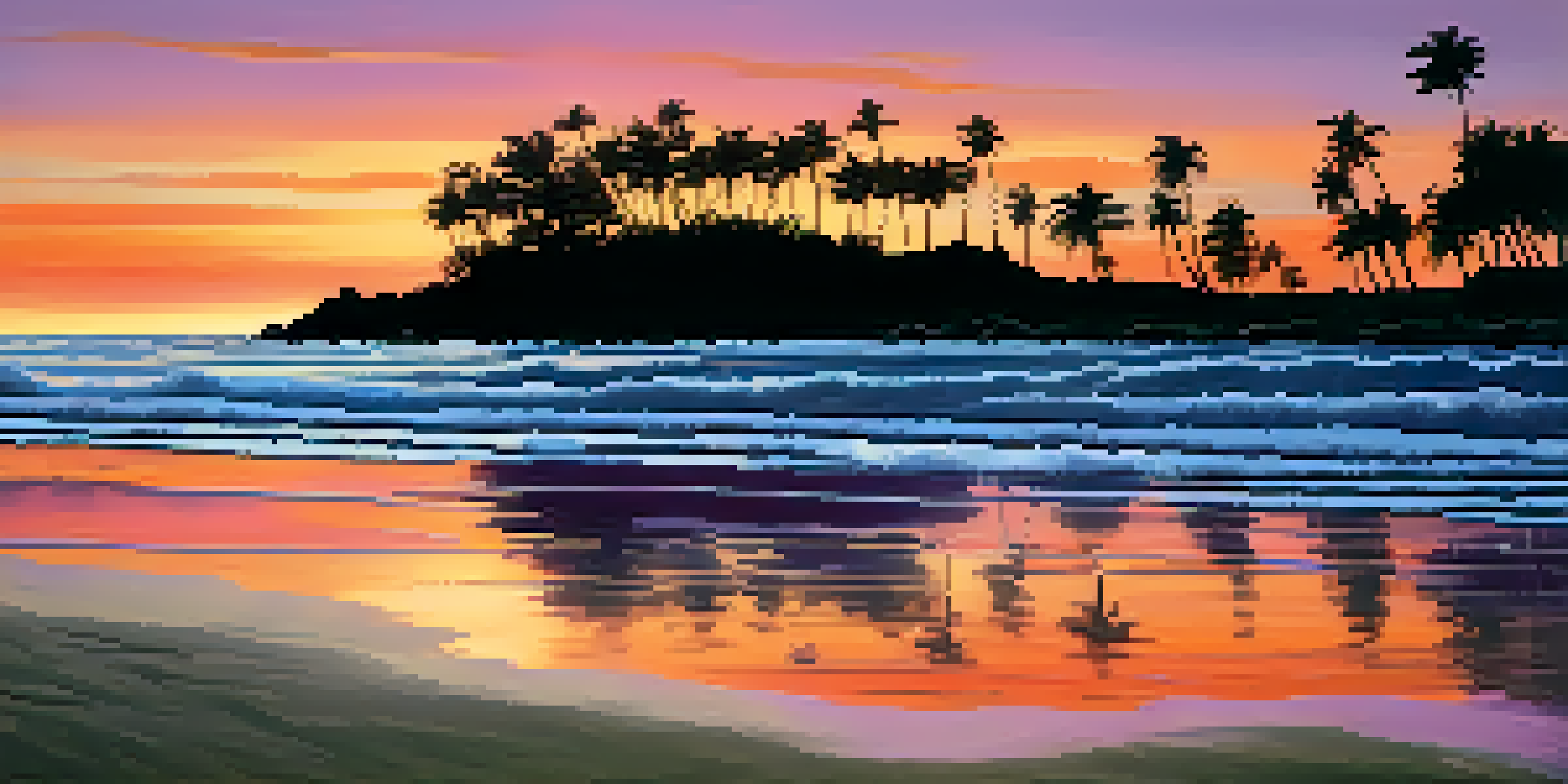 A tranquil beach during sunset, featuring colorful skies and palm trees.