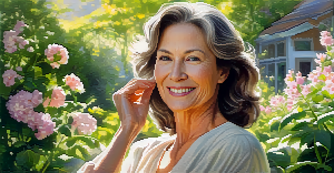 A middle-aged woman in a garden applying moisturizer to her face, with a smile and surrounded by colorful flowers.