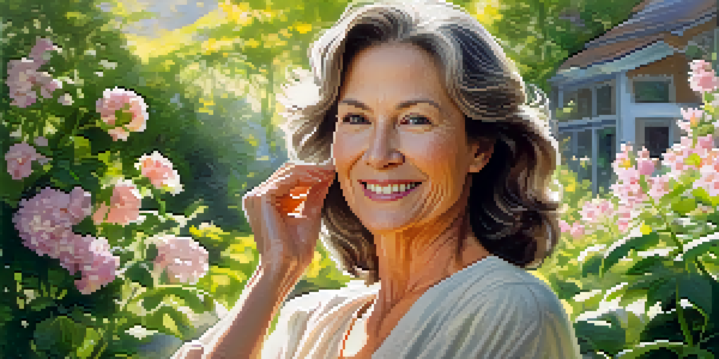 A middle-aged woman in a garden applying moisturizer to her face, with a smile and surrounded by colorful flowers.