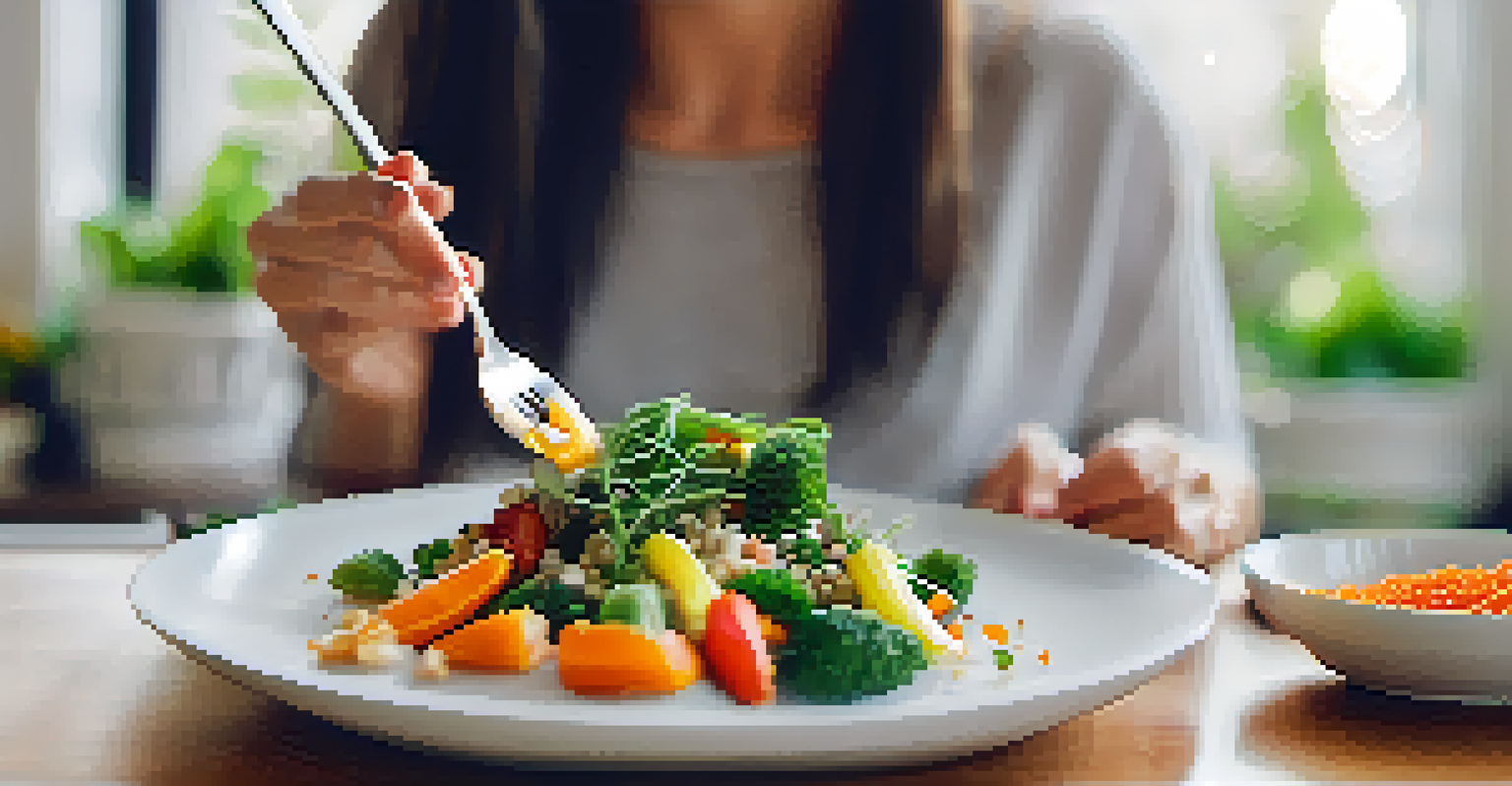 A close-up of a person about to take a bite of a colorful meal, showcasing fresh vegetables and grains.
