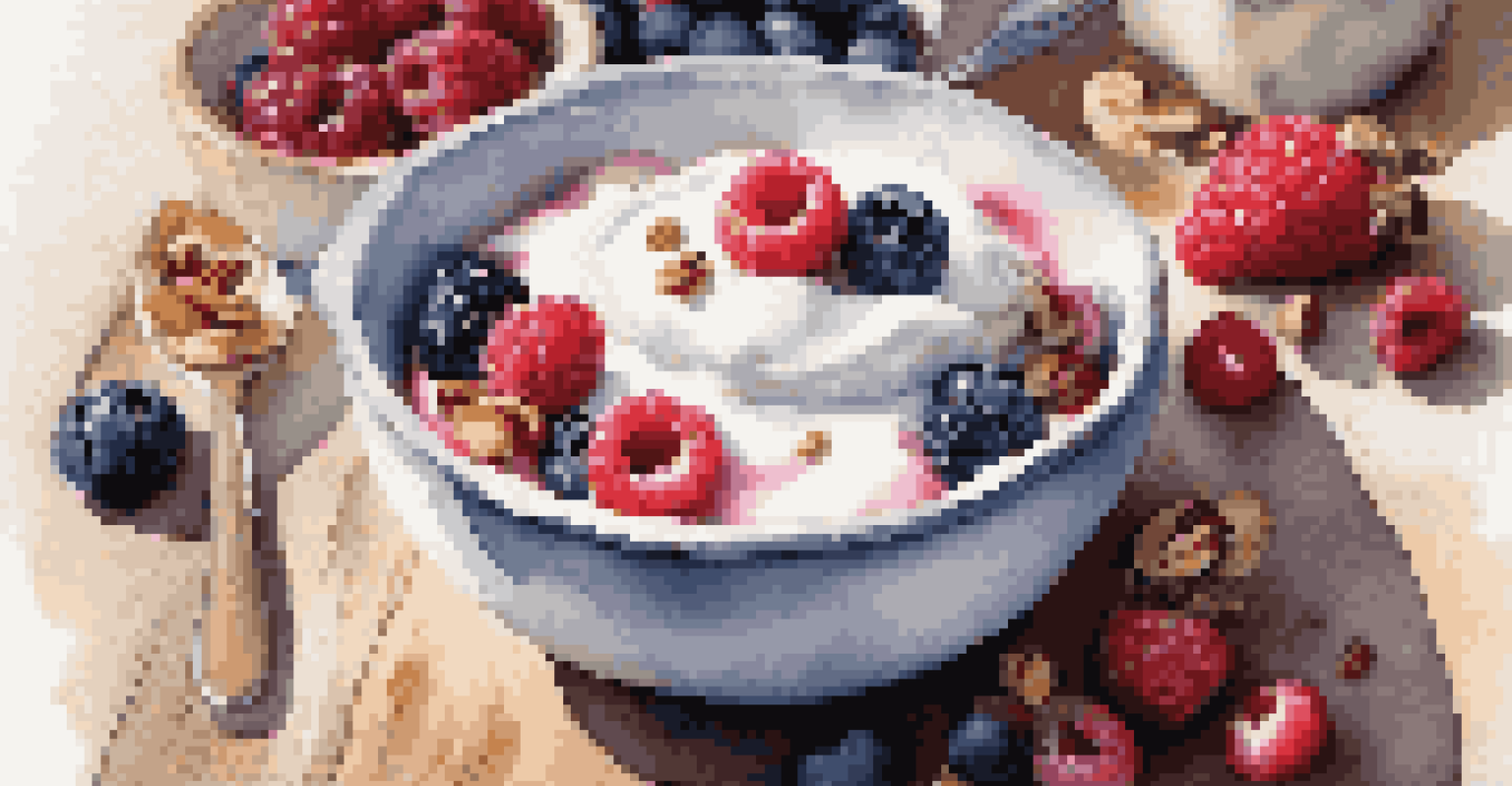 A close-up of Greek yogurt with mixed berries and nuts, presented on a rustic wooden table.