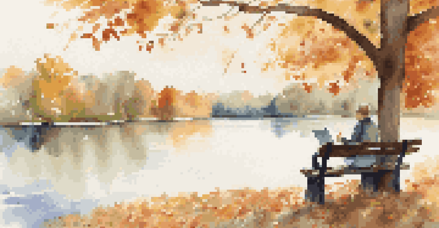 A person sitting on a park bench, writing in a journal surrounded by colorful autumn leaves and a calm lake.
