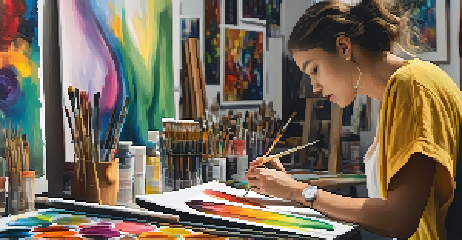 A vibrant art studio with a person painting on a canvas, surrounded by colorful artworks and supplies.