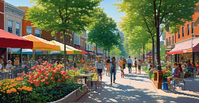 A lively urban area showing people enjoying a walkable community with cafes, parks, and shops.