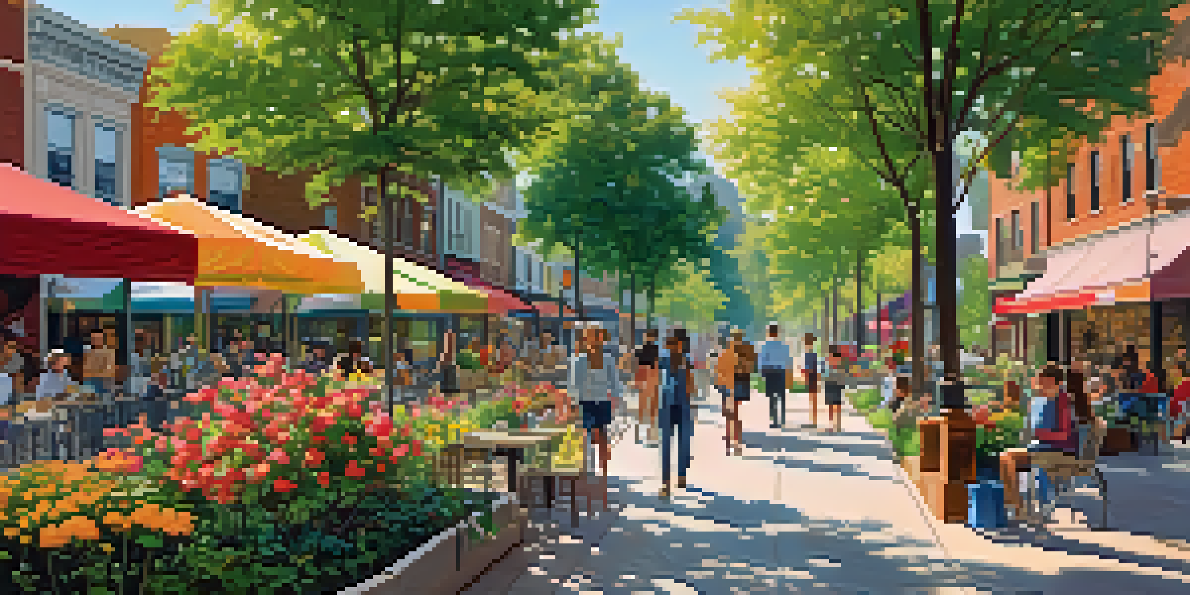 A lively urban area showing people enjoying a walkable community with cafes, parks, and shops.