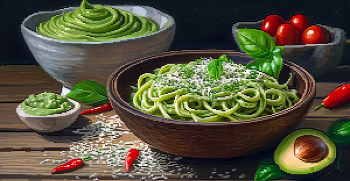 A bowl of creamy avocado pasta with Parmesan cheese and red pepper flakes on a wooden table, surrounded by fresh basil leaves.