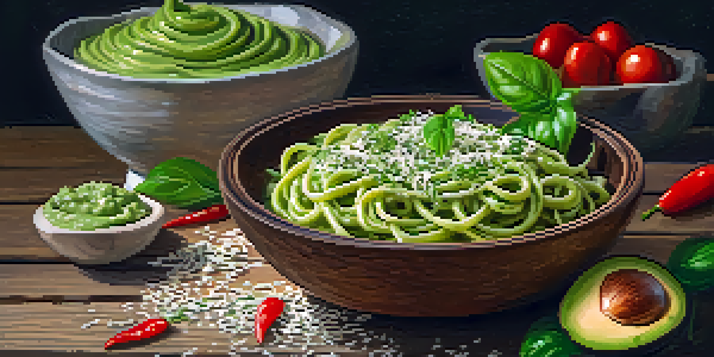 A bowl of creamy avocado pasta with Parmesan cheese and red pepper flakes on a wooden table, surrounded by fresh basil leaves.