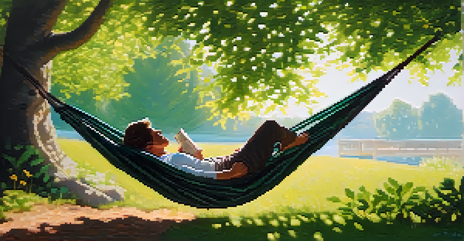 A person peacefully napping in a hammock in a green park under sunlight, with a book and tea nearby.