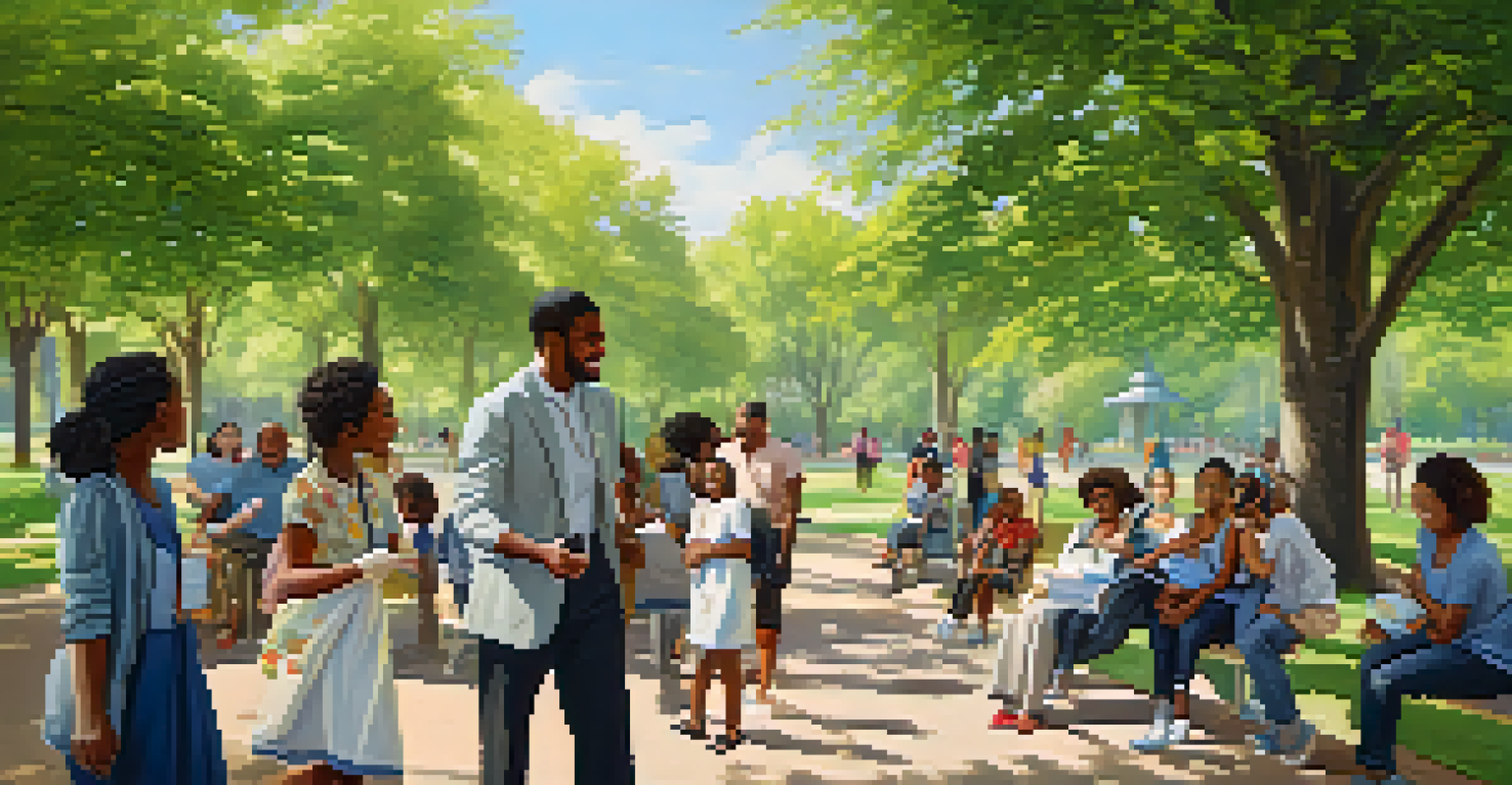 A group of diverse people interacting joyfully in a park after getting vaccinated, with trees and children playing in the background.