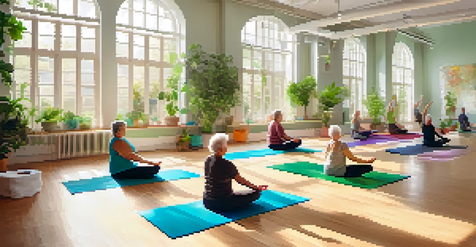 A bright yoga studio with seniors practicing gentle yoga poses on colorful mats under natural light.