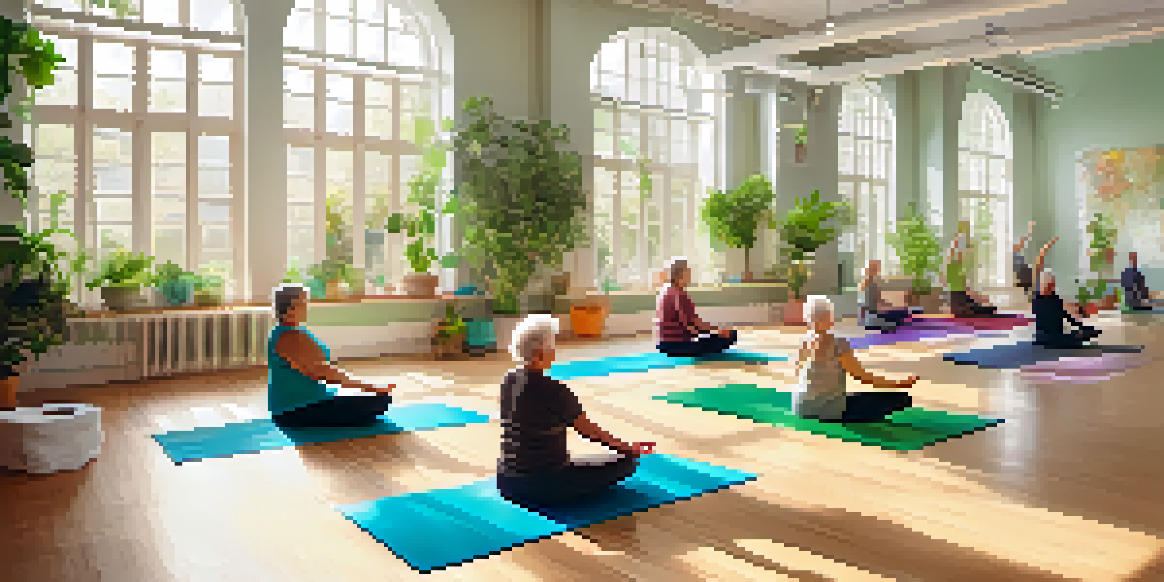 A bright yoga studio with seniors practicing gentle yoga poses on colorful mats under natural light.