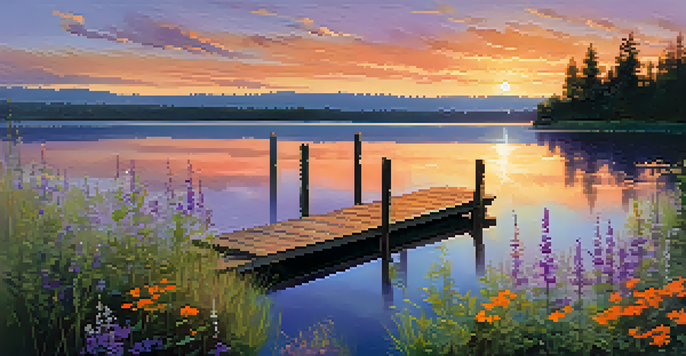 A serene lakeside view at sunset, showcasing calm water reflecting vibrant colors, a wooden dock, and surrounding greenery.