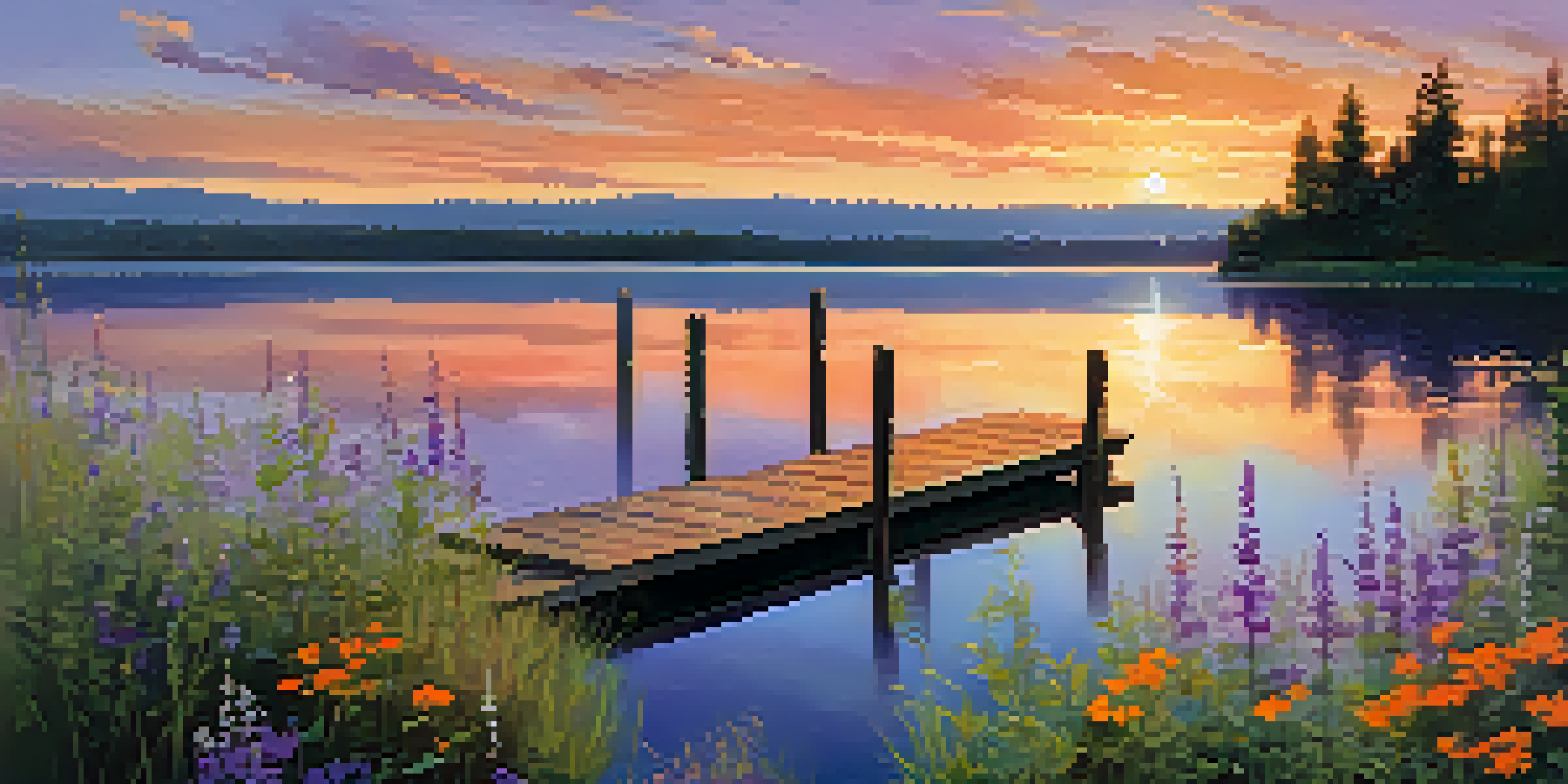 A serene lakeside view at sunset, showcasing calm water reflecting vibrant colors, a wooden dock, and surrounding greenery.