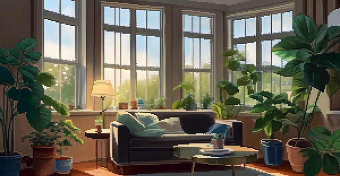 A person sitting on a sofa in a cozy living room, looking at their phone with a warm light coming through the window.