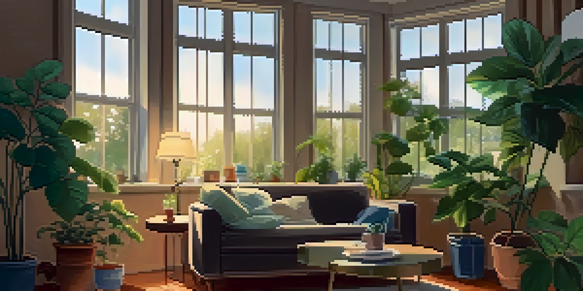 A person sitting on a sofa in a cozy living room, looking at their phone with a warm light coming through the window.